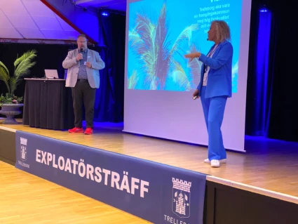 Kommunstyrelsens ordförande Ann Kajson Carlqvist och oppositionsrådet Lennart Höckert hälsade inbjudna representanter från byggföretag och exploatörer välkomna till 2023 års Exploatörsträff Trelleborg.