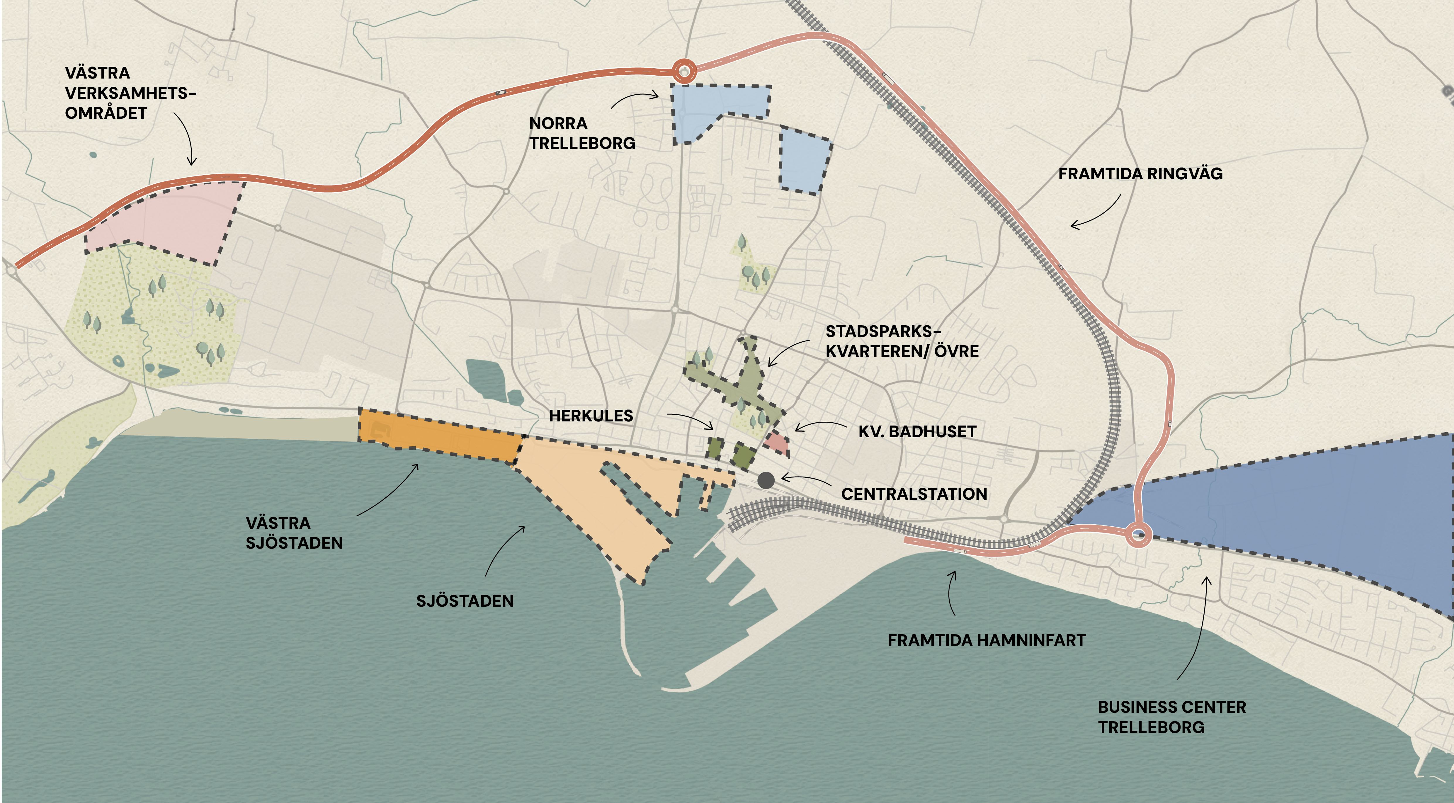 Karta som visar pågående projekt i Trelleborg.
