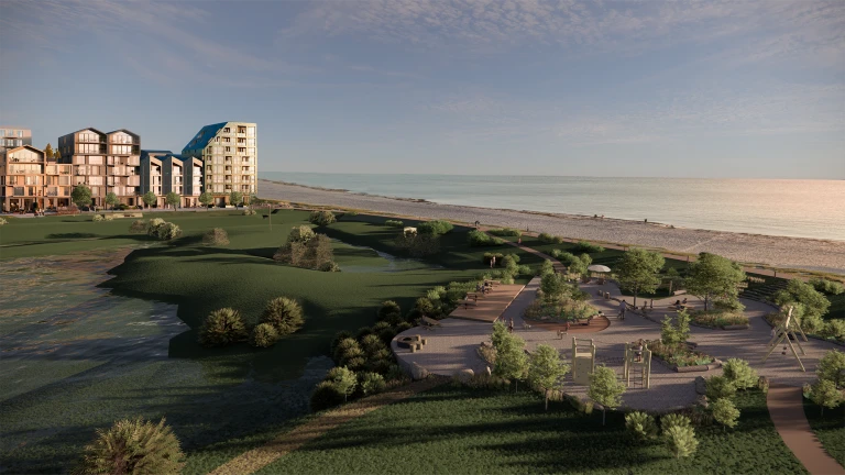 Visionsbild framtagen av Kanozi arkitekter på uppdrag av Granitor Properties/Doxa Projektutveckling (f.d. Serneke), vidareutvecklad av Trelleborgs kommun.