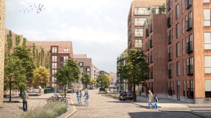 Illustration av gata i Västra Sjöstaden. Inspirationsbild framtagen av Kanozi Arkitekter på uppdrag av Granitor Properties/Doxa Projektutveckling (f.d. Serneke).
