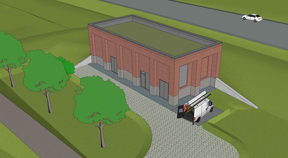 Illustration av pumpstationen i Västra Sjöstaden, sedd från sydost.