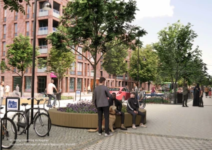visualisering av nygatan med plantering och människor